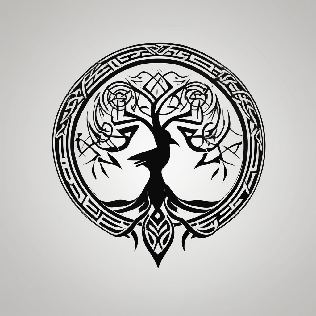 Irish shoulder tattoo, that is non-religious and has a Celtic tree and tribal ravens half sleeve tattoos for men, design de tatouage Minimaliste généré par IA